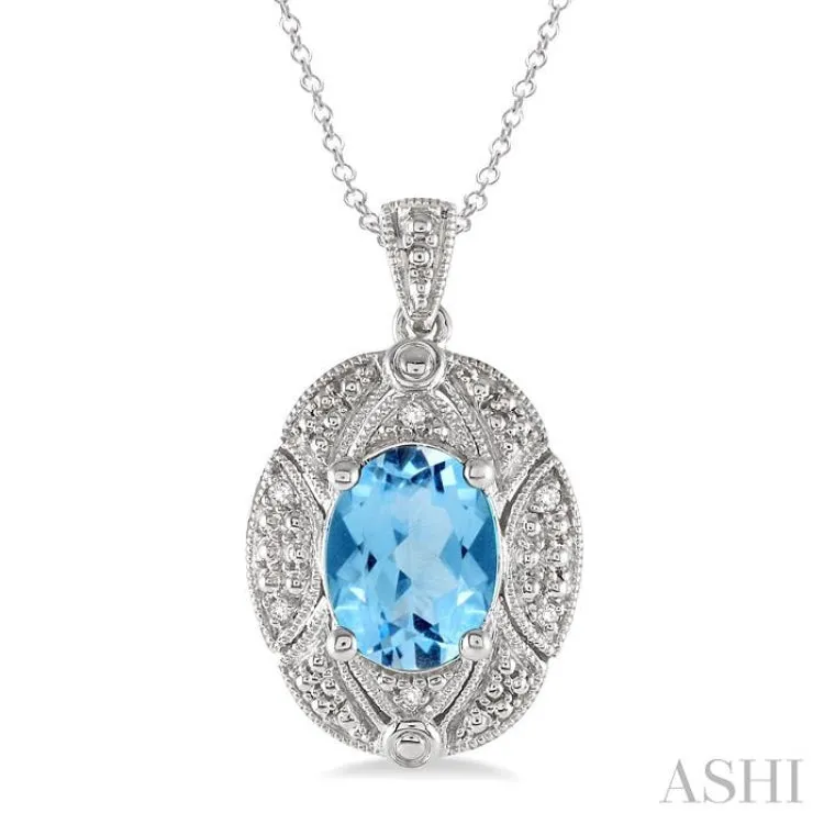 9x7 MM Oval Cut Blue Topaz and 1/50 Ctw Single Cut Diamond Pendant in Sterling Silver with Chain