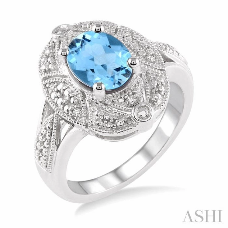 9x7 MM Oval Cut Blue Topaz and 1/50 Ctw Single Cut Diamond Ring in Sterling Silver