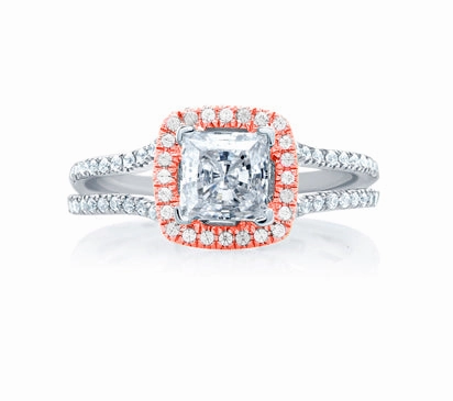 A.JAFFE ART DECO CENTER OF MY UNIVERSE PRINCESS CUT ROSE GOLD DIAMOND HALO ENGAGEMENT RING 0.39