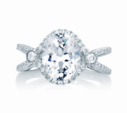 A.JAFFE ART DECO DECO DOUBLE SHANK BUBBLE PRONG ENGAGEMENT RING WITH OVAL CENTER DIAMOND 0.4