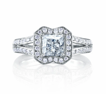 A.JAFFE ART DECO DESIGNER SPLIT SHANK PRINCESS HALO ENGAGEMENT RING 0.42            (not including