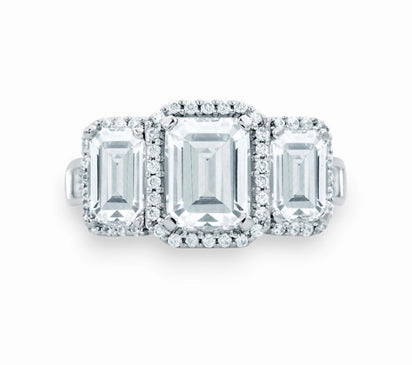 A.JAFFE CLASSICS CLASSIC THREE STONE EMERALD CUT HALO ENGAGEMENT RING 2.34             (not includi