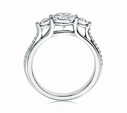 A.JAFFE QUILTED COLLECTION THREE STONE ROUND WITH MICRO PAV SIDE ENGAGEMENT RING 0.13