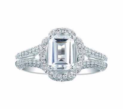 A.JAFFE SEASONS OF LOVE FLORAL EMERALD CUT DELICATE PAV BRIDAL ENGAGEMENT RING 0.97             (n