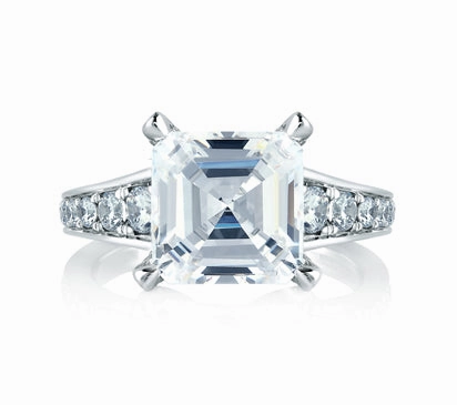 A.JAFFE SEASONS OF LOVE STATEMENT ASSCHER CUT WITH DIAMOND STUDDED CENTER PRONGS & DIAMOND STEPPED