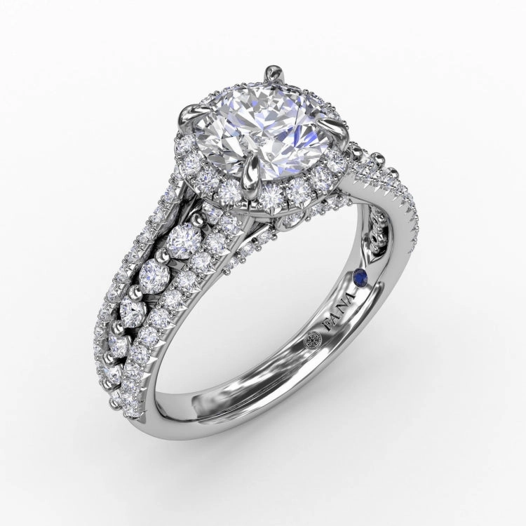 Classic Round Diamond Halo Engagement Ring With Triple-Row Diamond Band