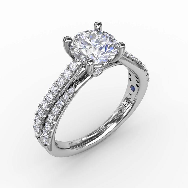 Classic Round Diamond Solitaire Engagement Ring With Double-Row Diamond Shank