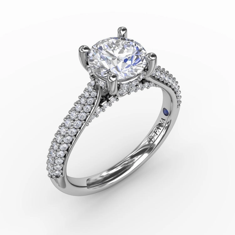 Classic Round Diamond Solitaire Engagement Ring With Double-Row Pav Diamond Shank