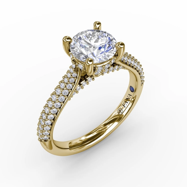 Classic Round Diamond Solitaire Engagement Ring With Double-Row Pav Diamond Shank