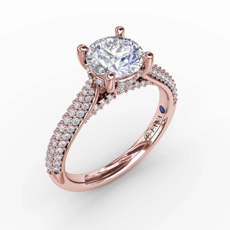 Classic Round Diamond Solitaire Engagement Ring With Double-Row Pav Diamond Shank