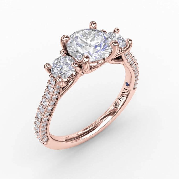 Classic Three-Stone Round Diamond Engagement Ring With Pav Band