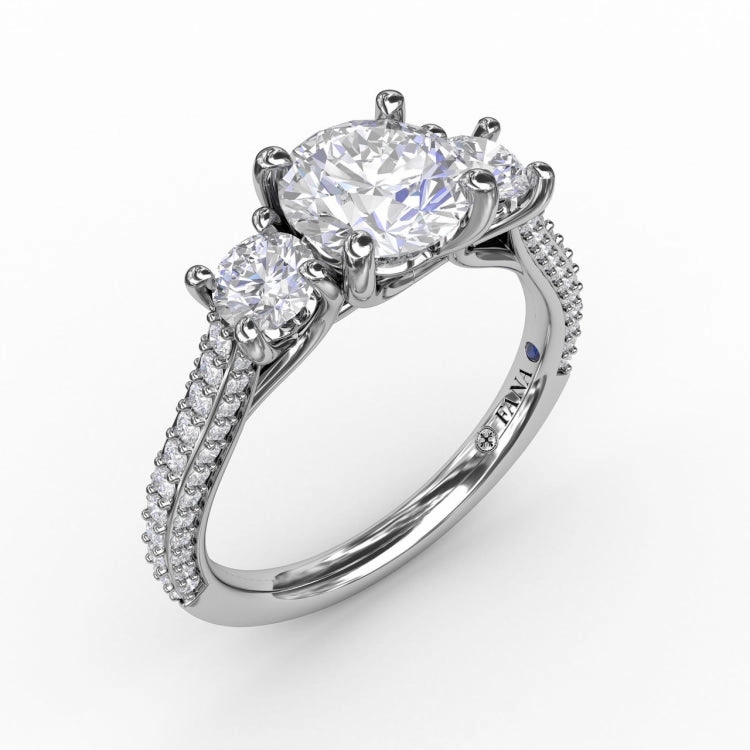 Classic Three-Stone Round Diamond Engagement Ring With Pav Band
