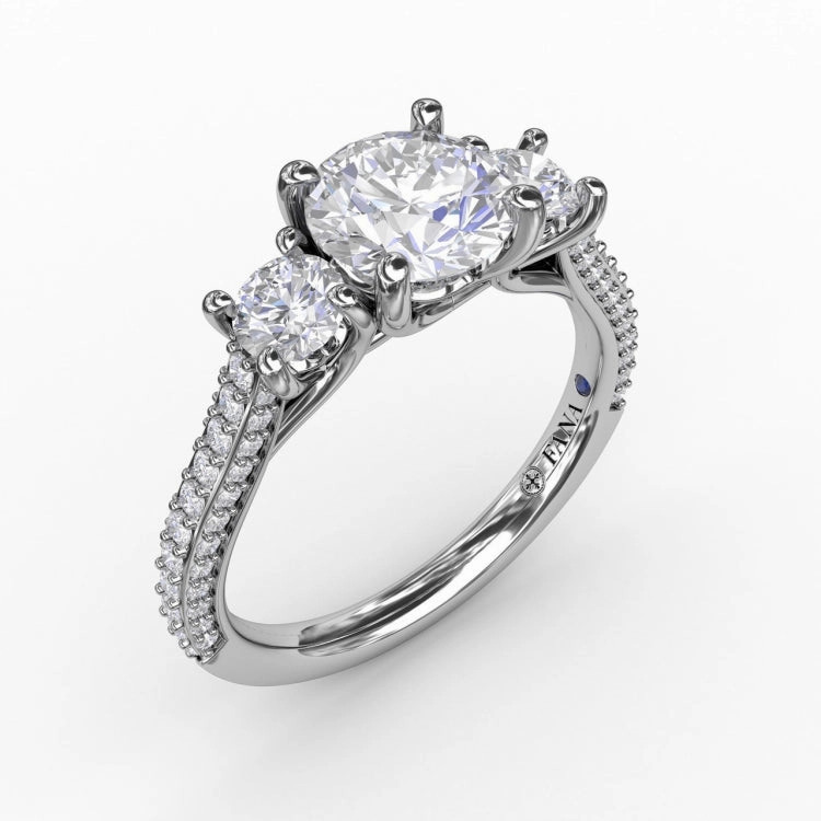 Classic Three-Stone Round Diamond Engagement Ring With Pav Band