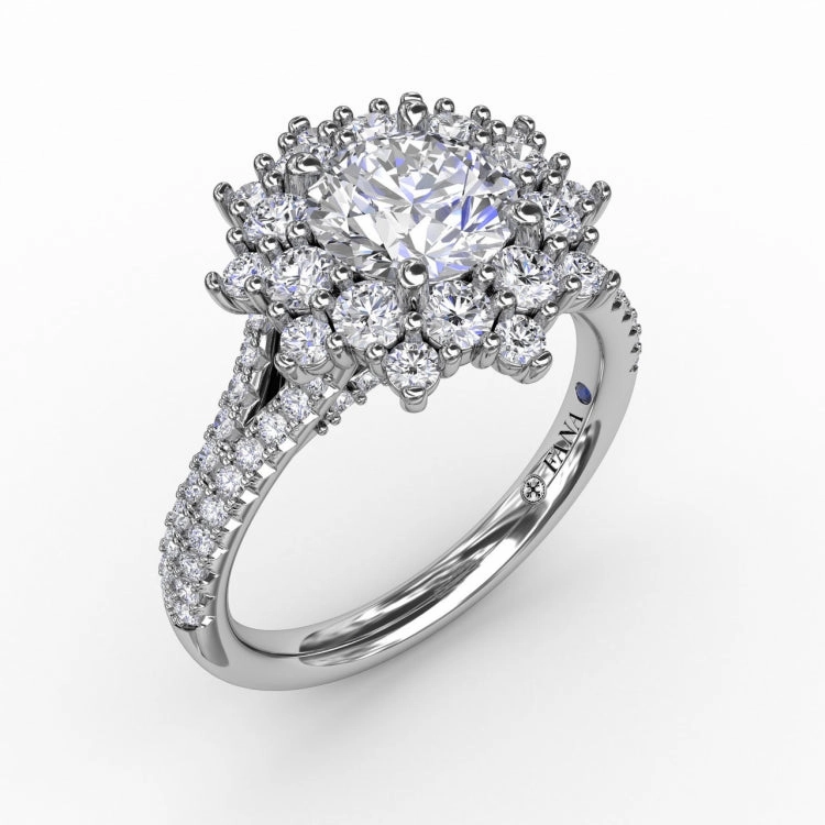 Contemporary Floral Halo Engagement Ring With Double-Row Pav Band