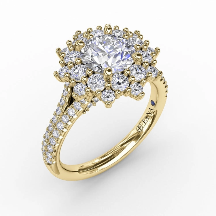 Contemporary Floral Halo Engagement Ring With Double-Row Pav Band