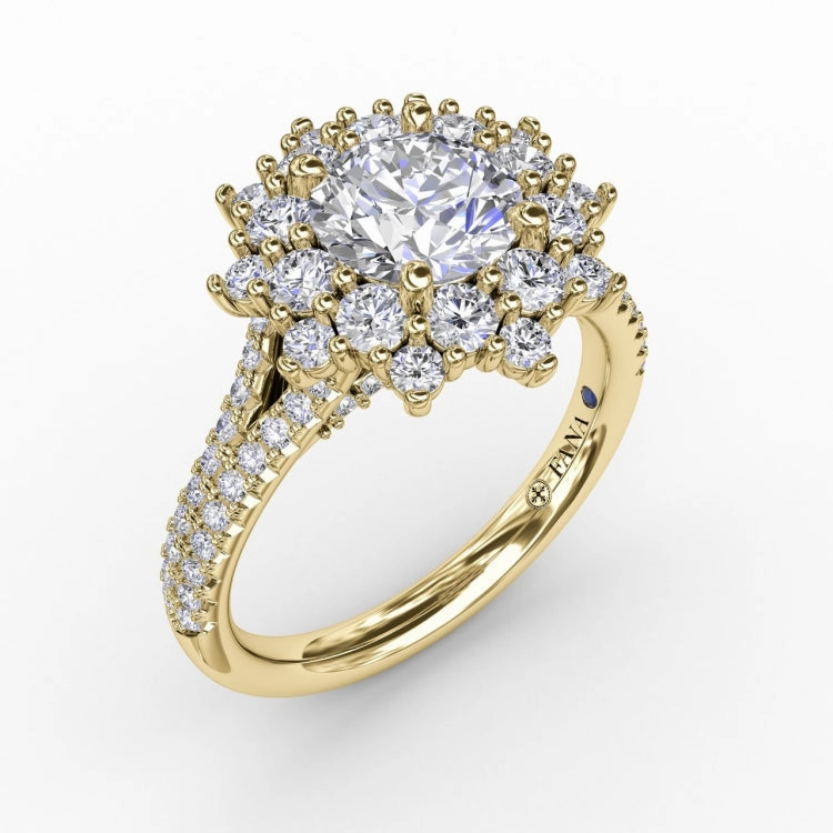 Contemporary Floral Halo Engagement Ring With Double-Row Pav Band
