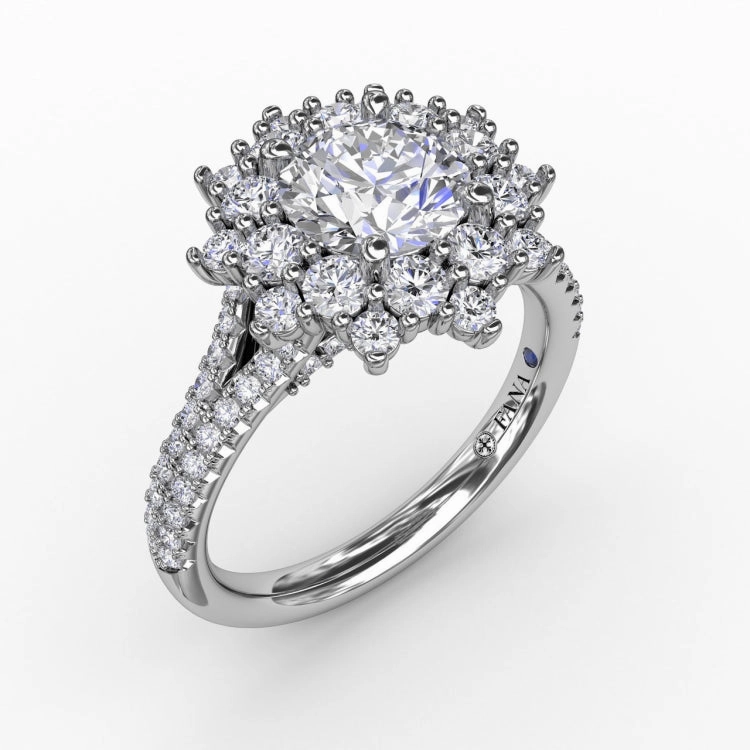 Contemporary Floral Halo Engagement Ring With Double-Row Pav Band