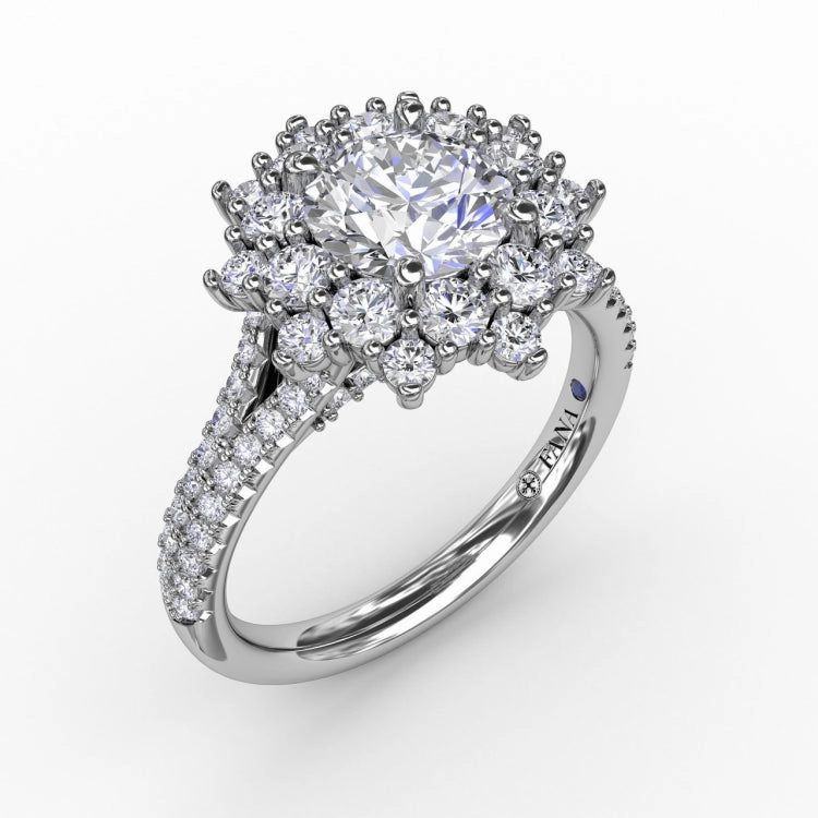 Contemporary Floral Halo Engagement Ring With Double-Row Pav Band