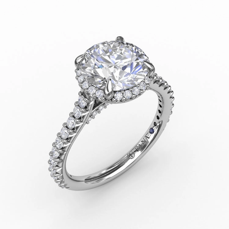 Contemporary Round Diamond Halo Engagement Ring With Geometric Details