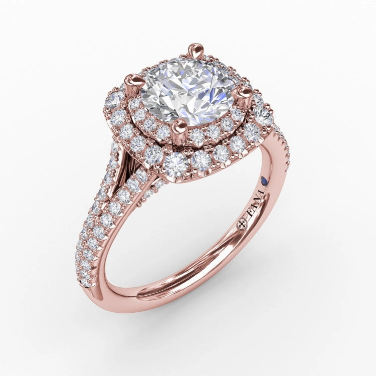 Cushion-Shaped Double Halo Pav Diamond Engagement Ring with Split Shank