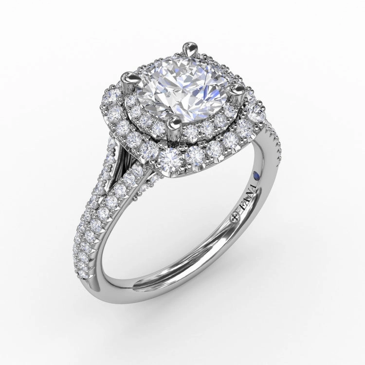 Cushion-Shaped Double Halo Pav Diamond Engagement Ring with Split Shank