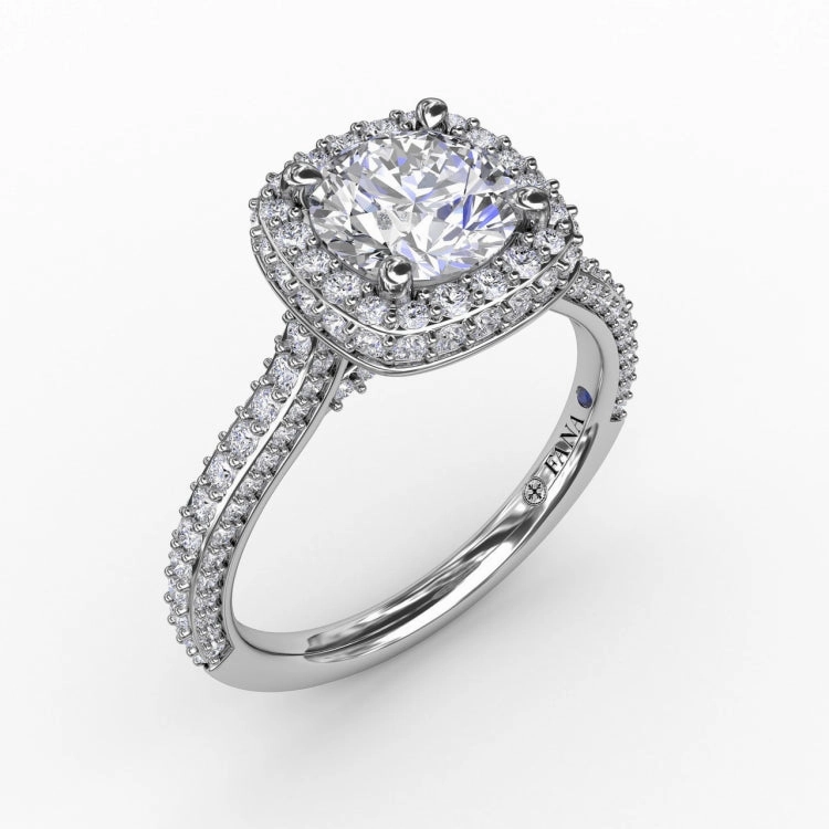 Cushion-Shaped Waterfall Halo Engagement Ring With Pav Band