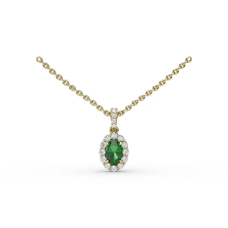 Emerald and Diamond Halo Necklace