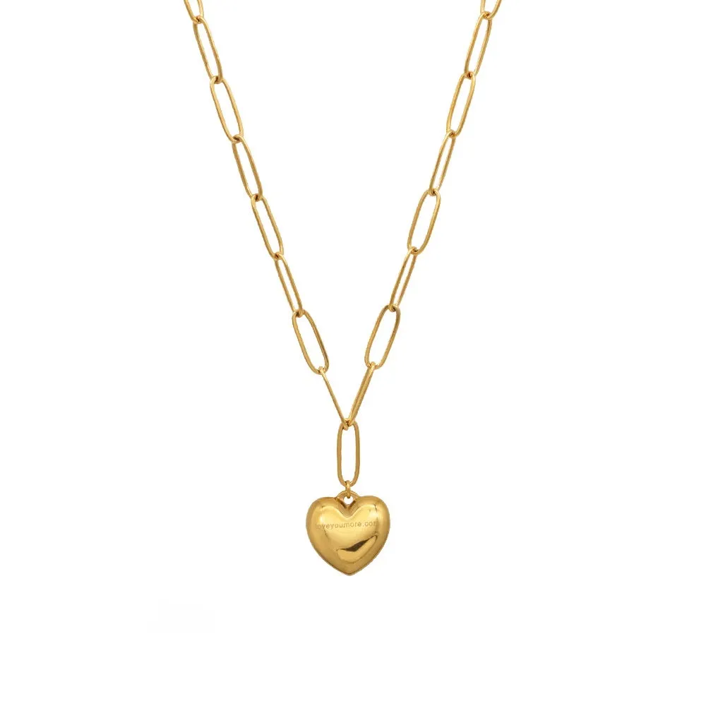 Gold Paperclip Chain Link Necklace - Bubbly Heart