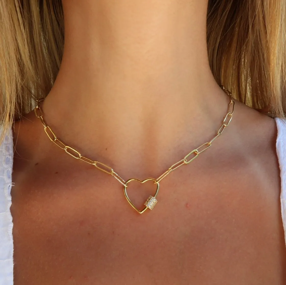 Gold Paperclip Chain Link Necklace - Heart