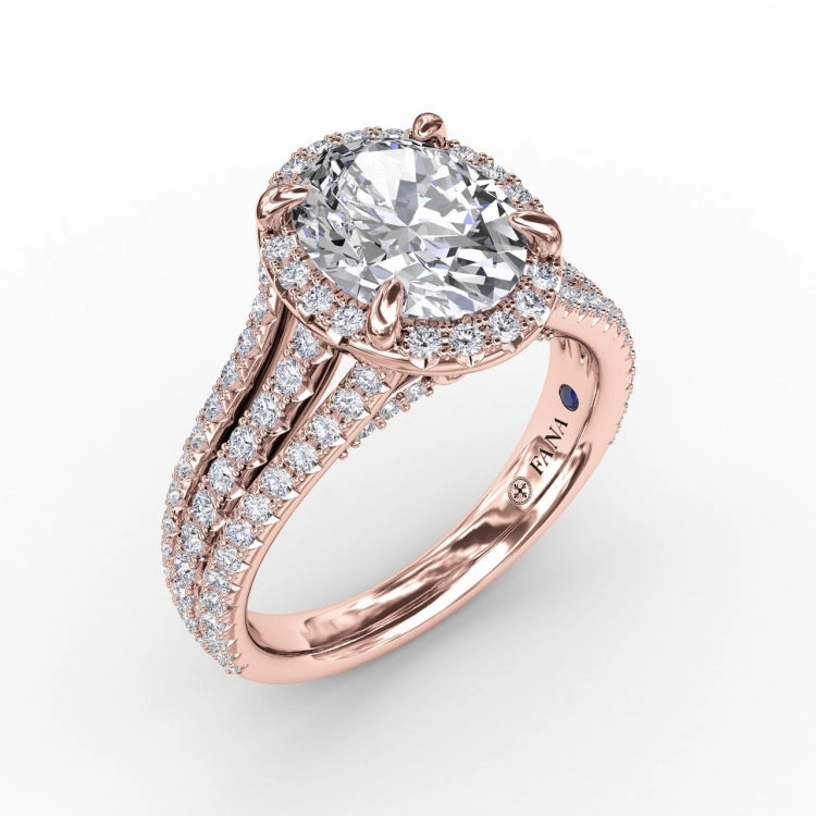 Oval Diamond Halo Engagement Ring With Triple-Row Diamond Band