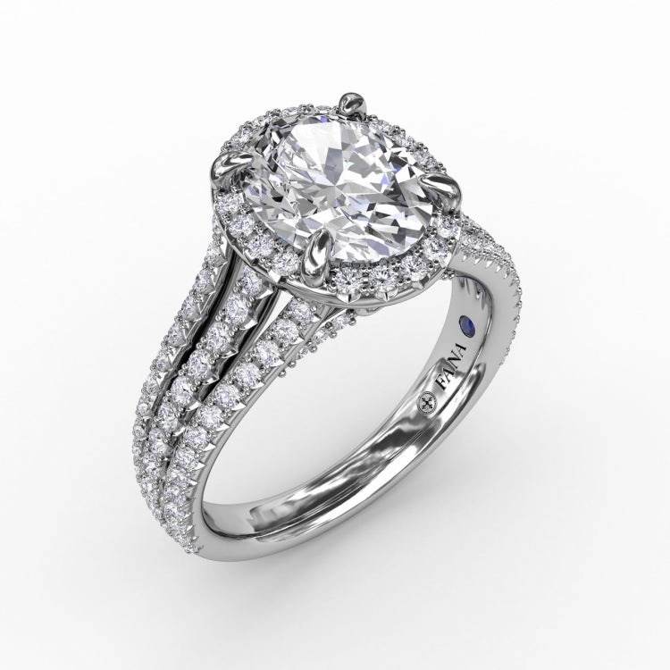 Oval Diamond Halo Engagement Ring With Triple-Row Diamond Band