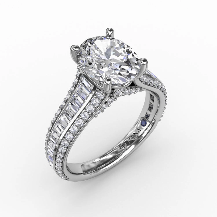 Oval Diamond Solitaire Engagement Ring With Baguettes and Pav