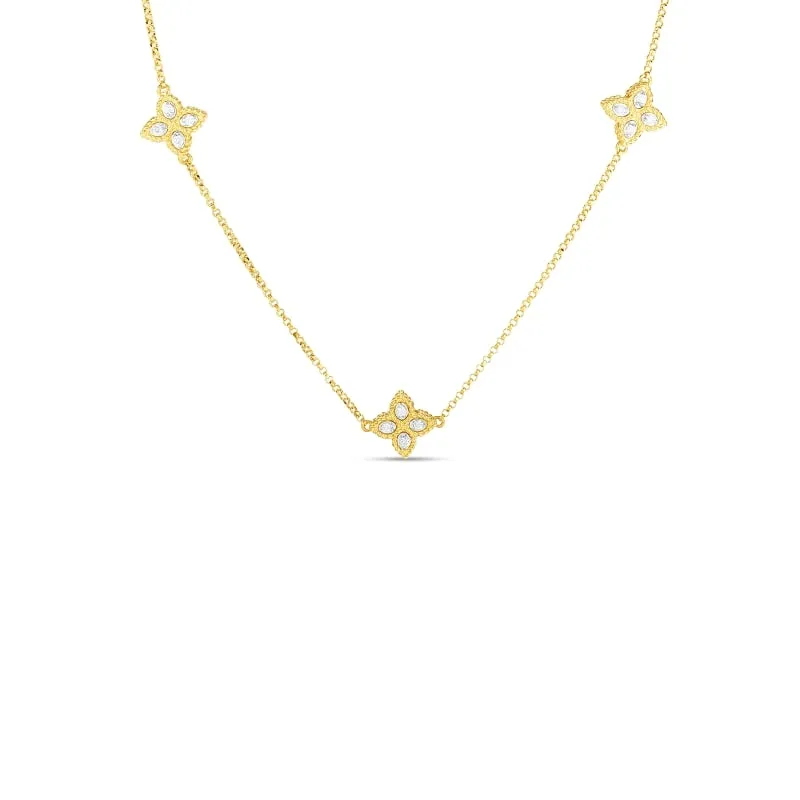ROBERTO COIN 18K GOLD & DIAMOND 3 STATION FLOWER NECKLACE FROM THE PRINCESS FLOWER