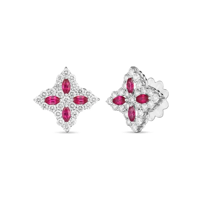 ROBERTO COIN 18K GOLD, DIA & RUBY PRINCESS FLOWER MEDIUM SIZE STUD EARRING FROM THE PRINCESS FLOWER