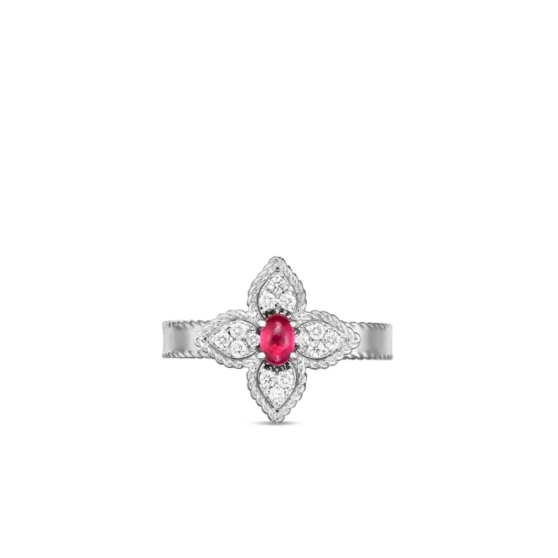 ROBERTO COIN 18K GOLD, DIAMOND & CABOCHON RUBY PRINCESS FLOWER RING FROM THE PRINCESS FLOWER