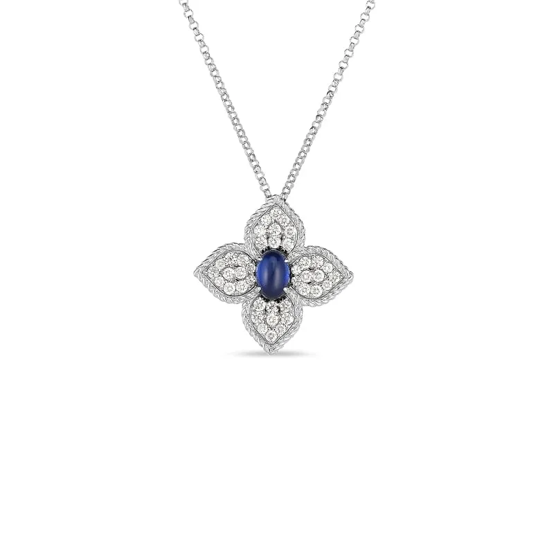 ROBERTO COIN 18K GOLD, DIAMOND & SAPPHIRE CABOCHON PRINCESS FLOWER LG PENDANT FROM THE PRINCESS FLOWER