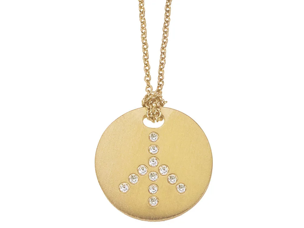 ROBERTO COIN 18K YELLOW GOLD DIAMOND PEACE SIGN ON DISC PENDANT FROM THE TINY TREASURES COLLECTION